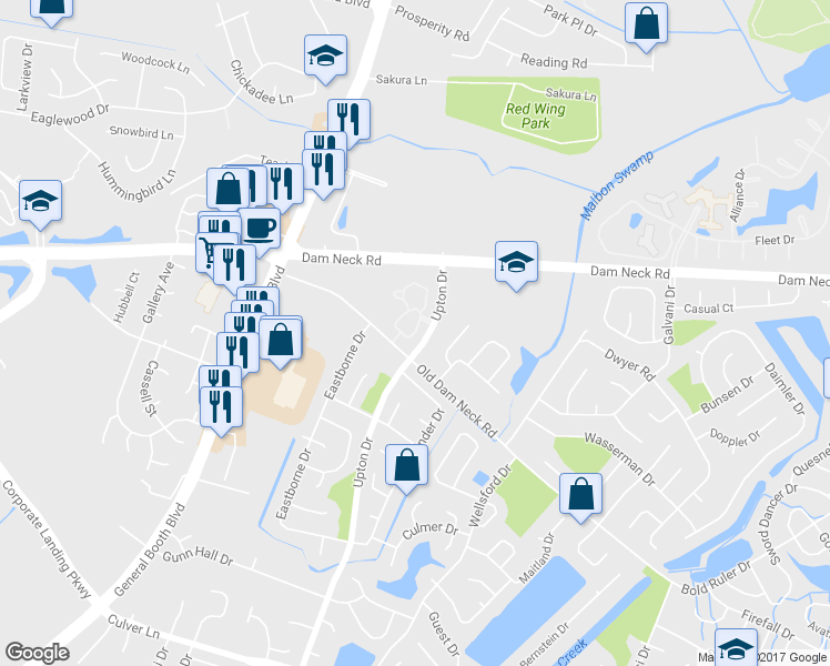 map of restaurants, bars, coffee shops, grocery stores, and more near 1644 Pattington Circle in Virginia Beach