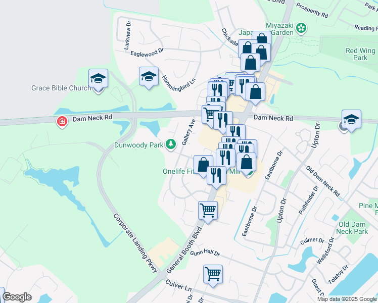 map of restaurants, bars, coffee shops, grocery stores, and more near 1148 Hubbell Drive in Virginia Beach