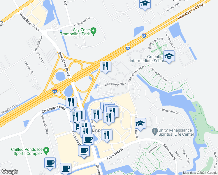 map of restaurants, bars, coffee shops, grocery stores, and more near 929 Wintercress Way in Chesapeake