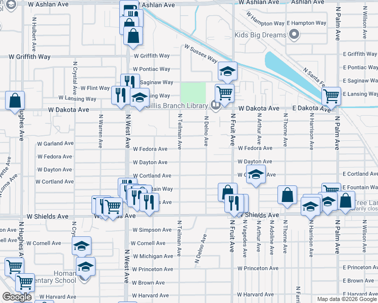 map of restaurants, bars, coffee shops, grocery stores, and more near 815 West Fedora Avenue in Fresno