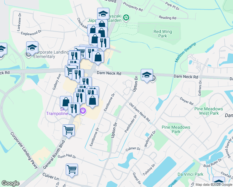 map of restaurants, bars, coffee shops, grocery stores, and more near 1720 Eastborne Drive in Virginia Beach