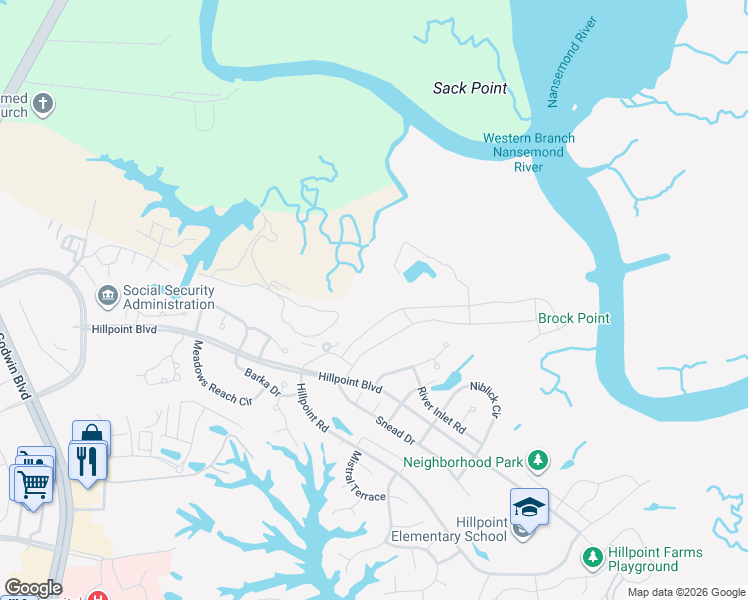 map of restaurants, bars, coffee shops, grocery stores, and more near 139 Peck Lane in Suffolk