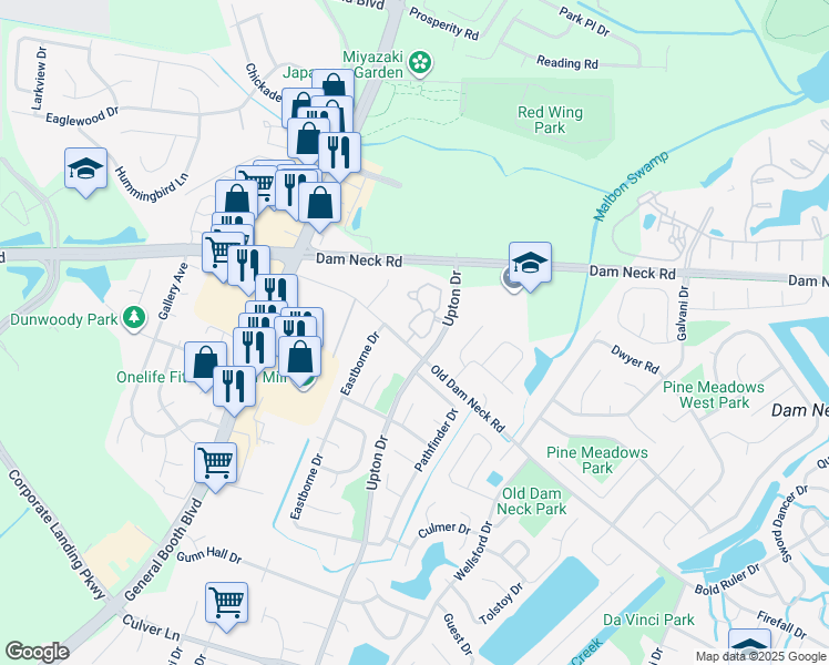map of restaurants, bars, coffee shops, grocery stores, and more near 1600 Aston Lane in Virginia Beach