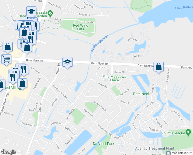 map of restaurants, bars, coffee shops, grocery stores, and more near 837 Levy Loop in Virginia Beach