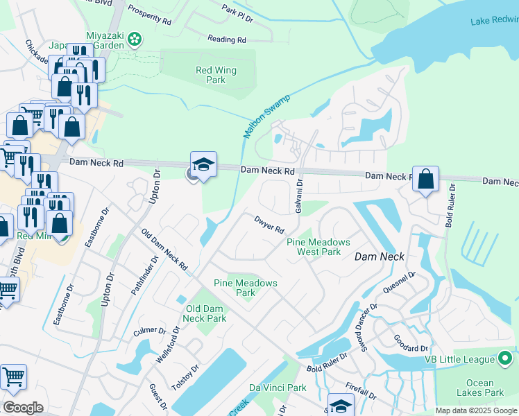 map of restaurants, bars, coffee shops, grocery stores, and more near 837 Levy Loop in Virginia Beach