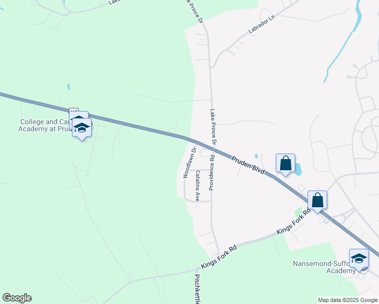 map of restaurants, bars, coffee shops, grocery stores, and more near 3117 Woodlawn Drive in Suffolk