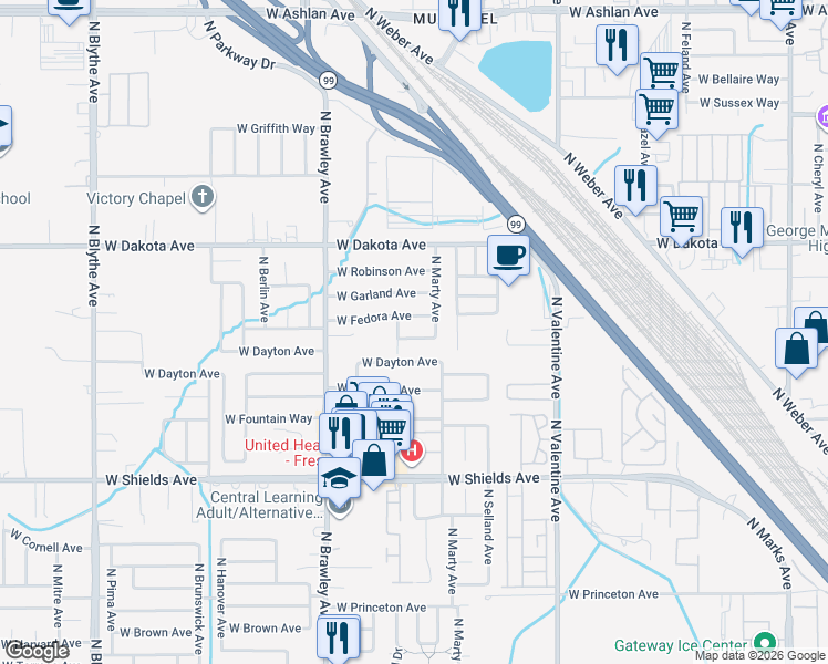 map of restaurants, bars, coffee shops, grocery stores, and more near 3642 West Redlands Avenue in Fresno