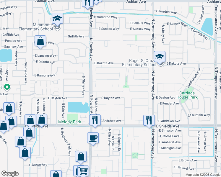map of restaurants, bars, coffee shops, grocery stores, and more near 6118 East Dayton Avenue in Fresno