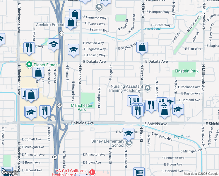 map of restaurants, bars, coffee shops, grocery stores, and more near 3545 North Callisch Street in Fresno