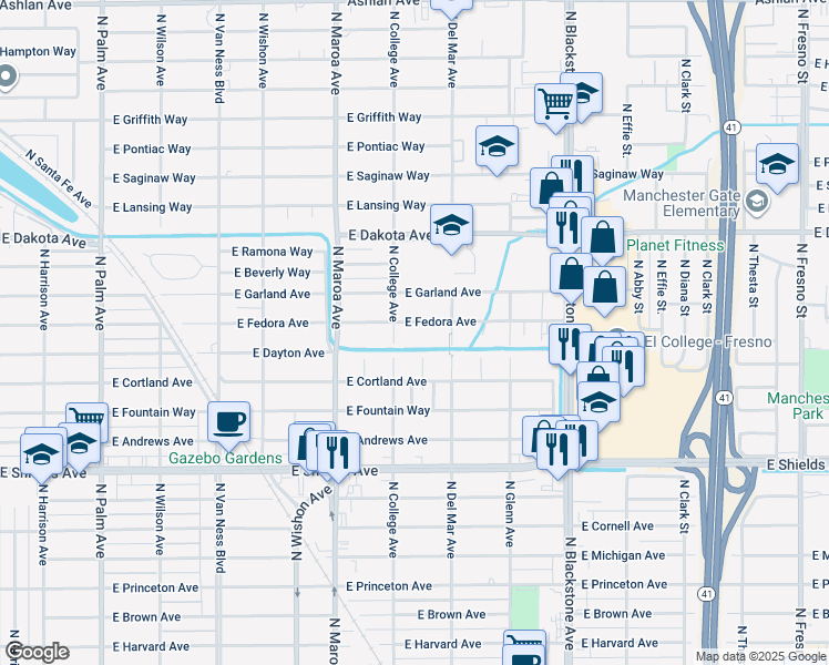 map of restaurants, bars, coffee shops, grocery stores, and more near 3534 North Poplar Avenue in Fresno