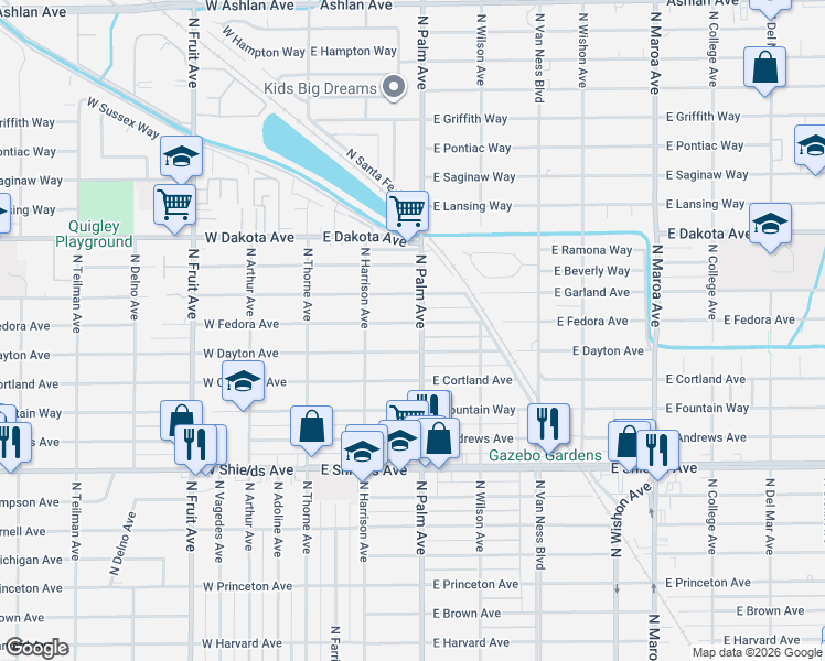 map of restaurants, bars, coffee shops, grocery stores, and more near 214 East Dayton Avenue in Fresno