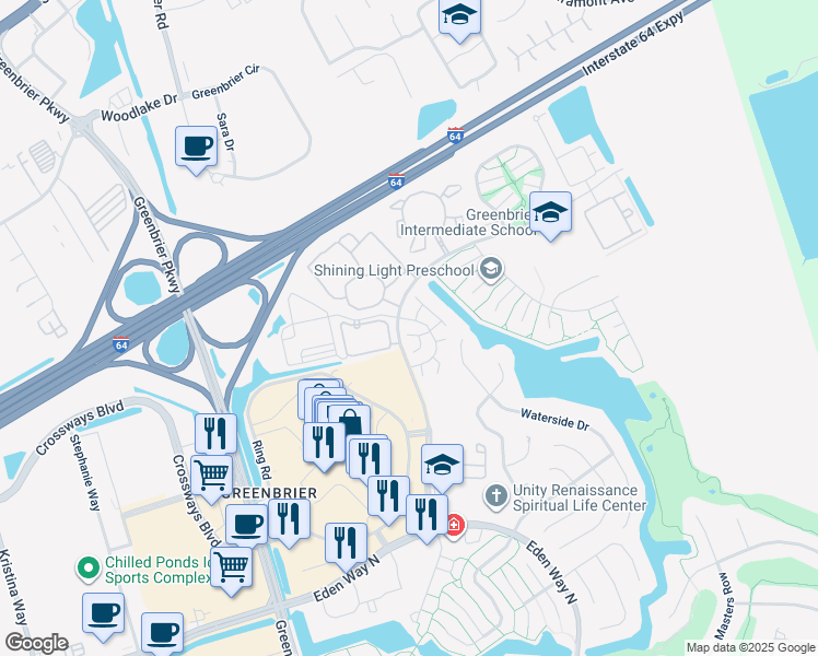 map of restaurants, bars, coffee shops, grocery stores, and more near 2100 Rocky Point Run in Chesapeake
