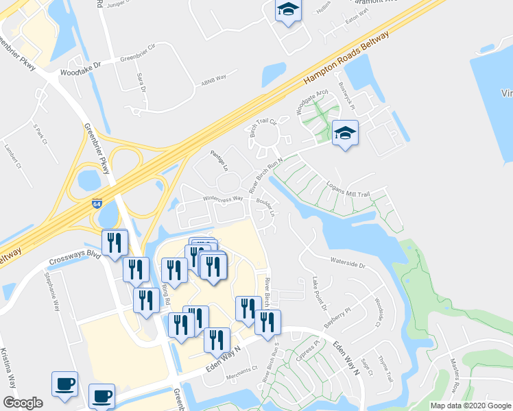 map of restaurants, bars, coffee shops, grocery stores, and more near 1705 Boulder Lane in Chesapeake