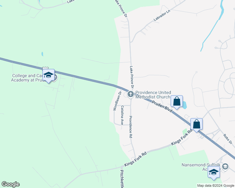 map of restaurants, bars, coffee shops, grocery stores, and more near 3117 Woodlawn Drive in Suffolk