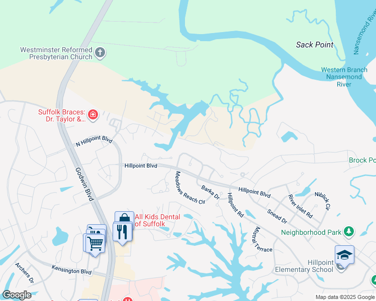 map of restaurants, bars, coffee shops, grocery stores, and more near 2101 Gunston Drive in Suffolk
