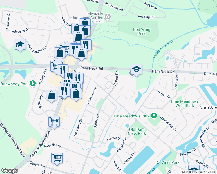 map of restaurants, bars, coffee shops, grocery stores, and more near 1657 Pattington Circle in Virginia Beach