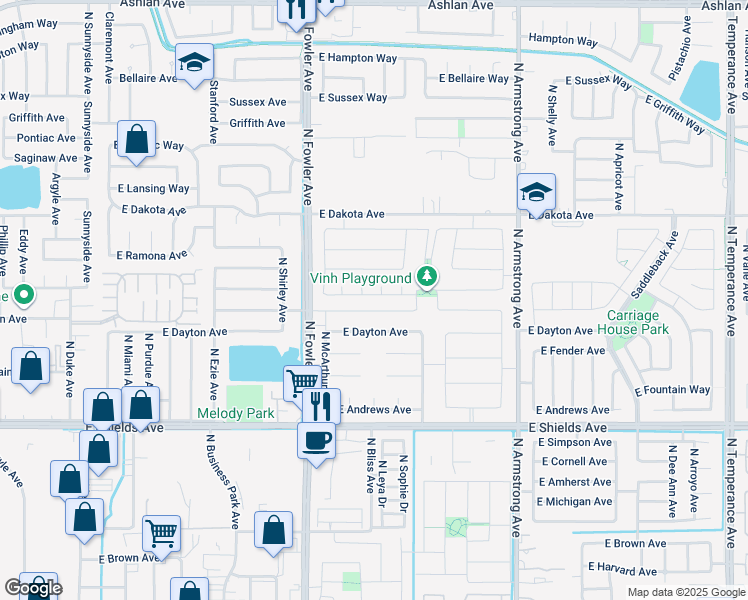 map of restaurants, bars, coffee shops, grocery stores, and more near 6118 East Dayton Avenue in Fresno