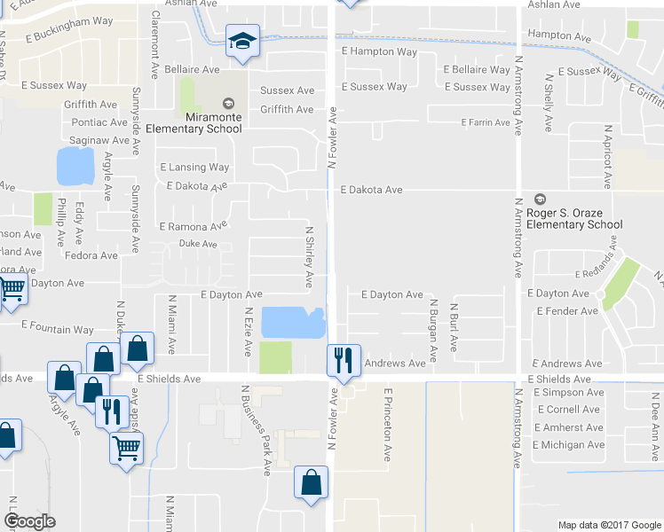 map of restaurants, bars, coffee shops, grocery stores, and more near 3309 North Fowler Avenue in Fresno