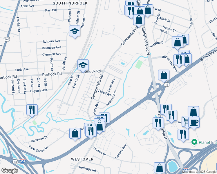 map of restaurants, bars, coffee shops, grocery stores, and more near 4112 Leyte Avenue in Chesapeake