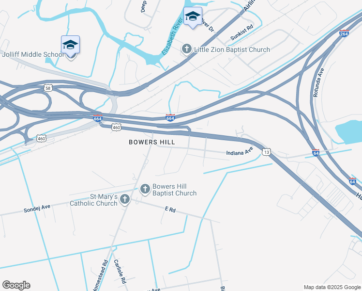 map of restaurants, bars, coffee shops, grocery stores, and more near 4632 Indiana Avenue in Chesapeake