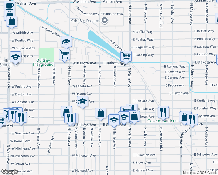 map of restaurants, bars, coffee shops, grocery stores, and more near 62 East Fedora Avenue in Fresno