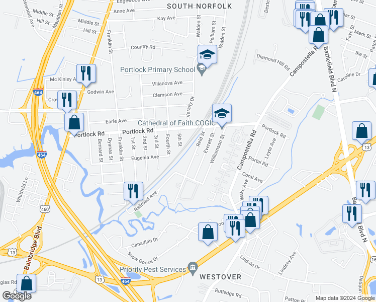 map of restaurants, bars, coffee shops, grocery stores, and more near 4123 Reid Street in Chesapeake