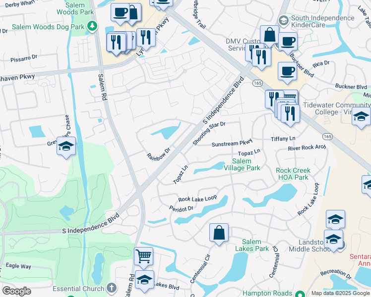 map of restaurants, bars, coffee shops, grocery stores, and more near 3944 Shooting Star Drive in Virginia Beach