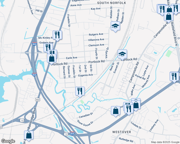 map of restaurants, bars, coffee shops, grocery stores, and more near 4120 3rd Street in Chesapeake