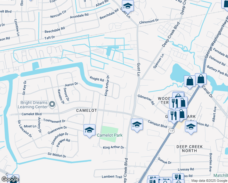 map of restaurants, bars, coffee shops, grocery stores, and more near 1209 Dragon Lane in Chesapeake