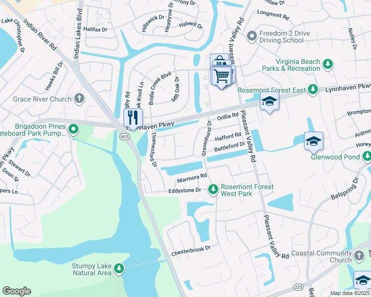 map of restaurants, bars, coffee shops, grocery stores, and more near 1505 Glenmont Court in Virginia Beach