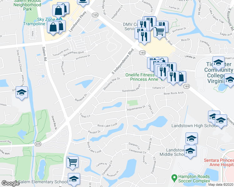 map of restaurants, bars, coffee shops, grocery stores, and more near 3929 Sunstream Parkway in Virginia Beach