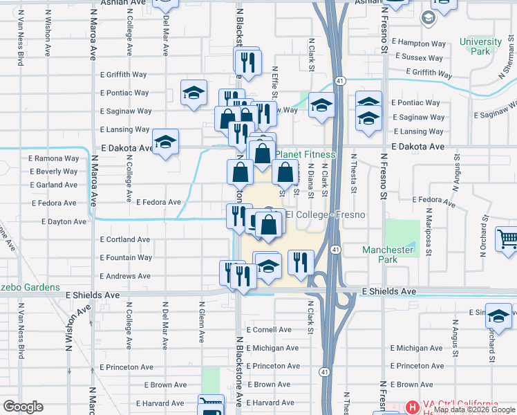 map of restaurants, bars, coffee shops, grocery stores, and more near 3668 North Blackstone Avenue in Fresno