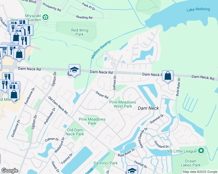 map of restaurants, bars, coffee shops, grocery stores, and more near 1477 Levy Court in Virginia Beach