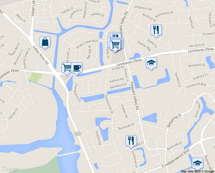 map of restaurants, bars, coffee shops, grocery stores, and more near 1354 Hafford Road in Virginia Beach