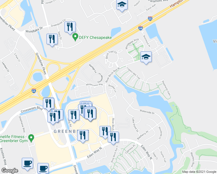 map of restaurants, bars, coffee shops, grocery stores, and more near 1729 Rock Bridge Mews in Chesapeake