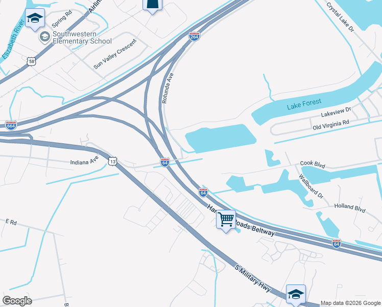 map of restaurants, bars, coffee shops, grocery stores, and more near 1407 Rotunda Avenue in Chesapeake