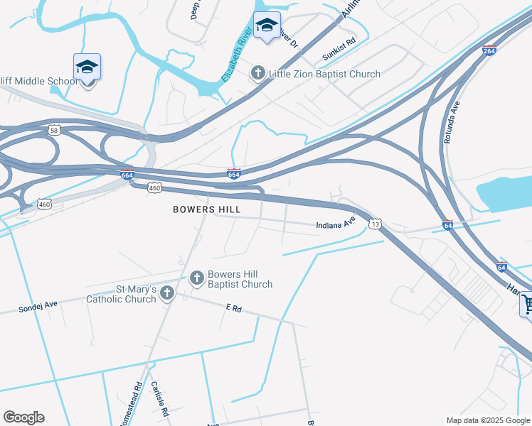 map of restaurants, bars, coffee shops, grocery stores, and more near 4522 South Military Highway in Chesapeake