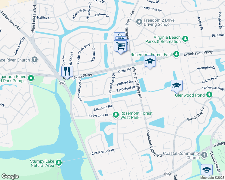 map of restaurants, bars, coffee shops, grocery stores, and more near 1354 Hafford Road in Virginia Beach