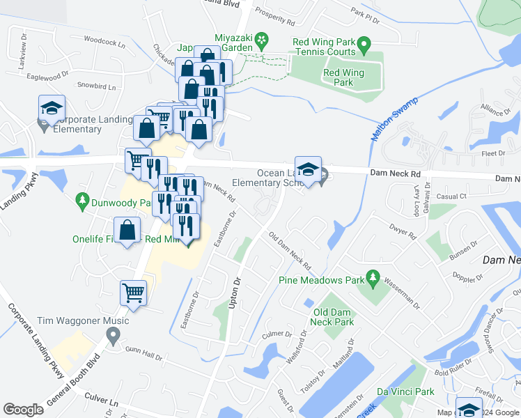 map of restaurants, bars, coffee shops, grocery stores, and more near 1701 Pattington Circle in Virginia Beach