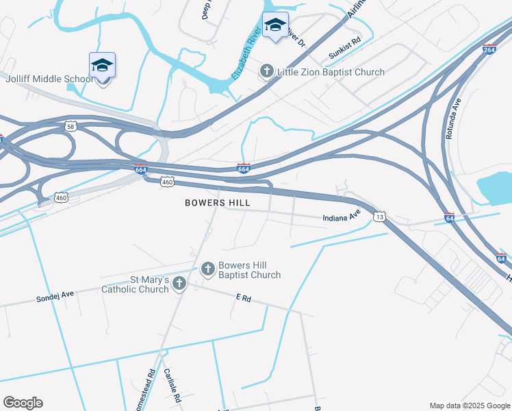 map of restaurants, bars, coffee shops, grocery stores, and more near 4632 Indiana Avenue in Chesapeake