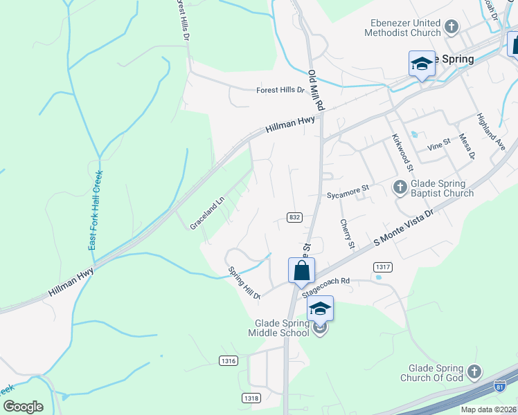 map of restaurants, bars, coffee shops, grocery stores, and more near 32501 Spring Crest Drive in Glade Spring