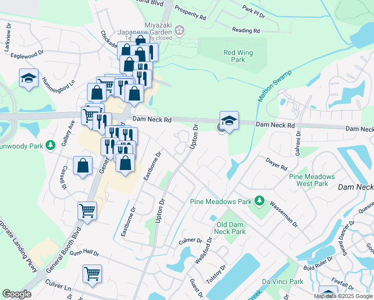 map of restaurants, bars, coffee shops, grocery stores, and more near 1624 Pattington Circle in Virginia Beach
