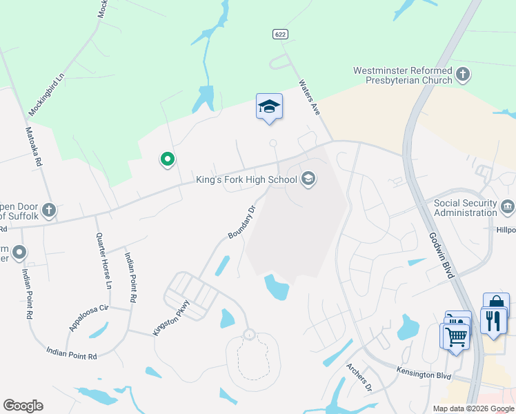map of restaurants, bars, coffee shops, grocery stores, and more near 1001 Boundary Drive in Suffolk