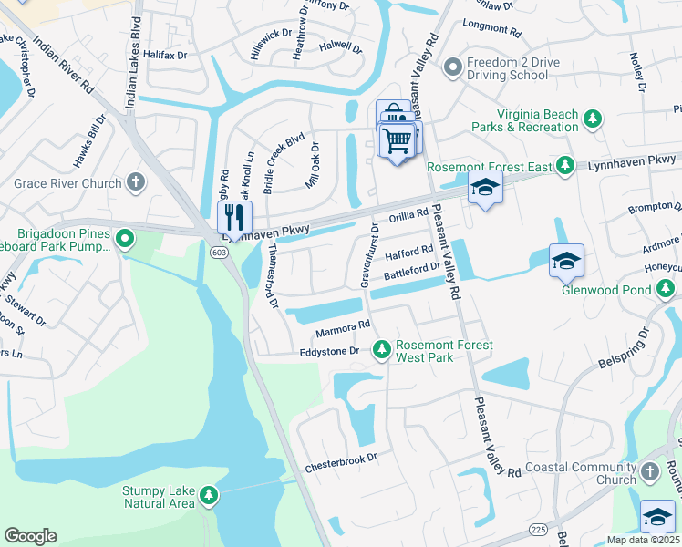 map of restaurants, bars, coffee shops, grocery stores, and more near 1460 Collingswood Trail in Virginia Beach
