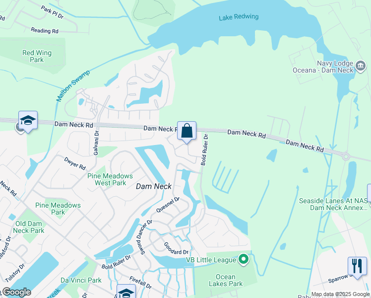 map of restaurants, bars, coffee shops, grocery stores, and more near 625 Ocean Lakes Drive in Virginia Beach