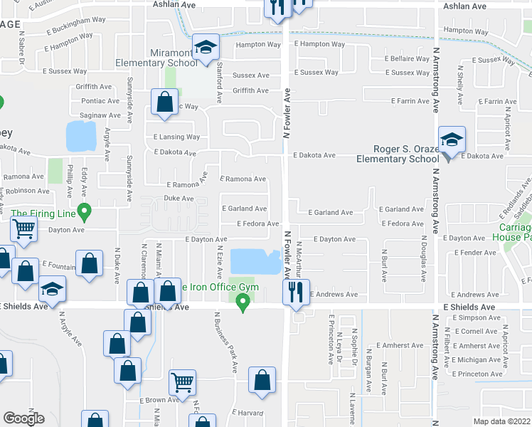 map of restaurants, bars, coffee shops, grocery stores, and more near 3653 North Shirley Avenue in Fresno