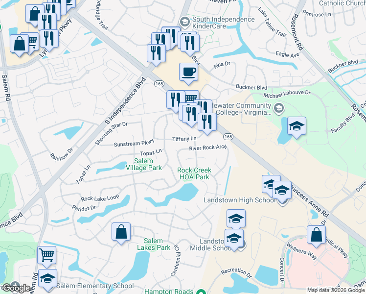 map of restaurants, bars, coffee shops, grocery stores, and more near 1821 River Rock Arch in Virginia Beach