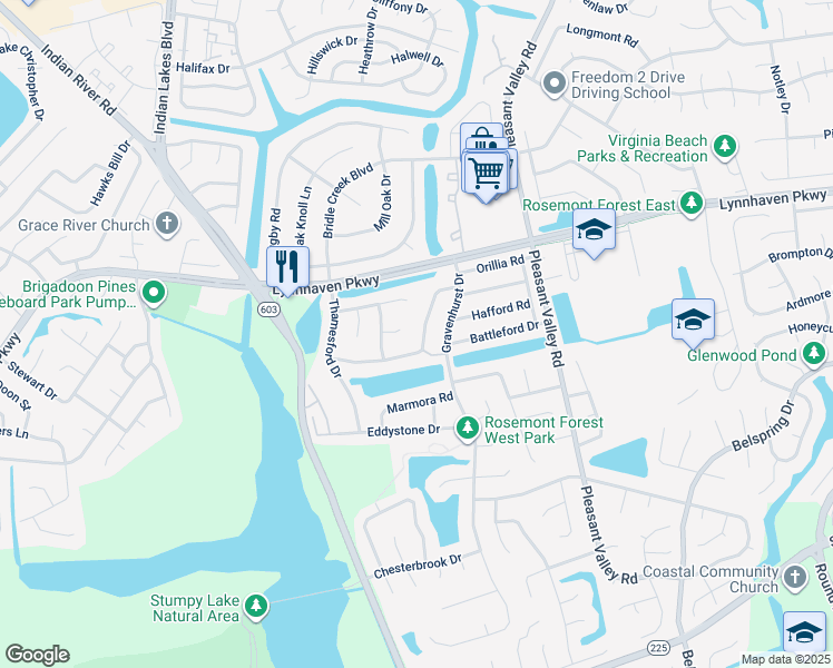 map of restaurants, bars, coffee shops, grocery stores, and more near 1460 Collingswood Trail in Virginia Beach