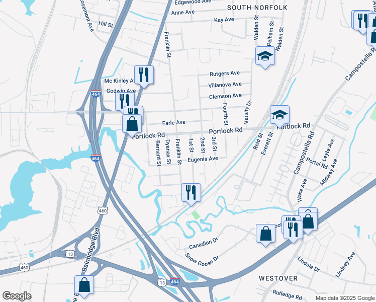 map of restaurants, bars, coffee shops, grocery stores, and more near 4110 1st Street in Chesapeake