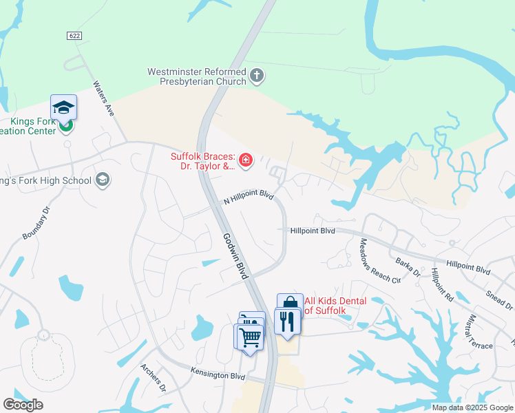 map of restaurants, bars, coffee shops, grocery stores, and more near 2034-2062 Hillpoint Boulevard North in Suffolk